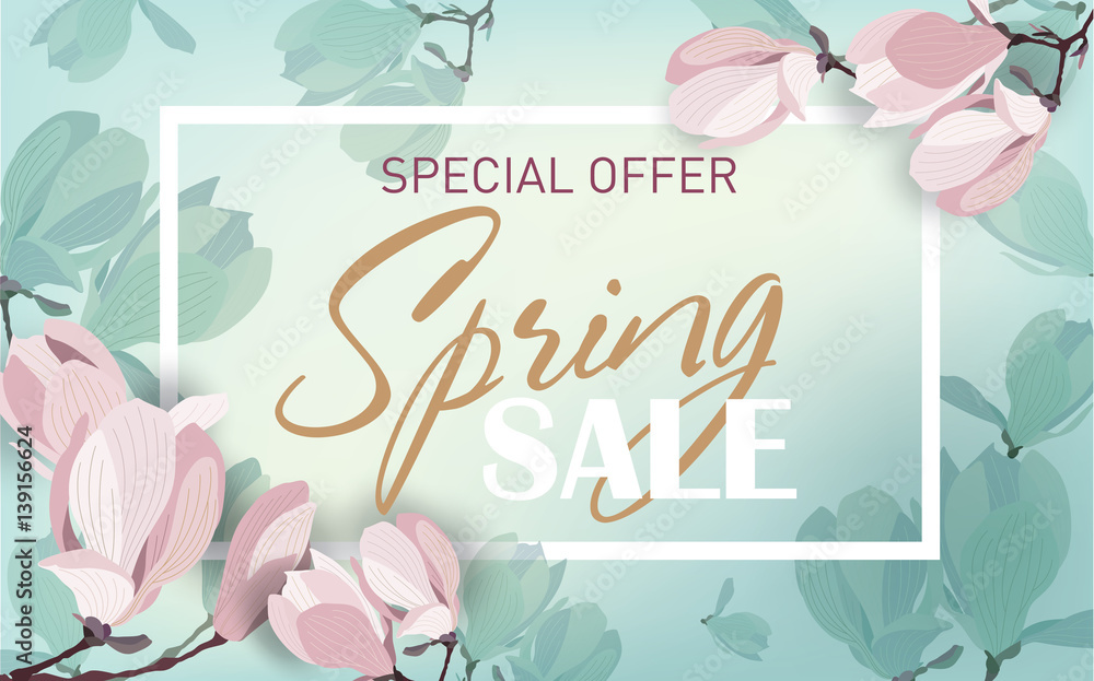 Delicate spring sale background with magnolia flowers. Template for design poster, banner, invitation, voucher. Vector illustration. - obrazy, fototapety, plakaty 