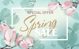 Fototapeta  - Delicate spring sale background with magnolia flowers. Template for design poster, banner, invitation, voucher. Vector illustration.
