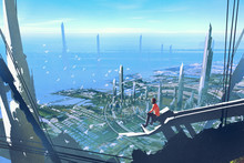 Aerial View With The Man Sitting On Edge Of Building Looking At Futuristic City,illustration Painting