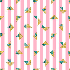 seamless gold and green triangle glitter pattern with pink stripe background