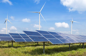 Wall Mural - solar cells and wind turbines generating electricity in power station