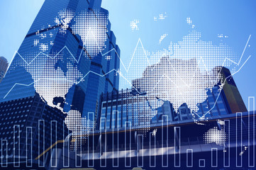 Double exposure of world map and financial graph chart on cityscape background.