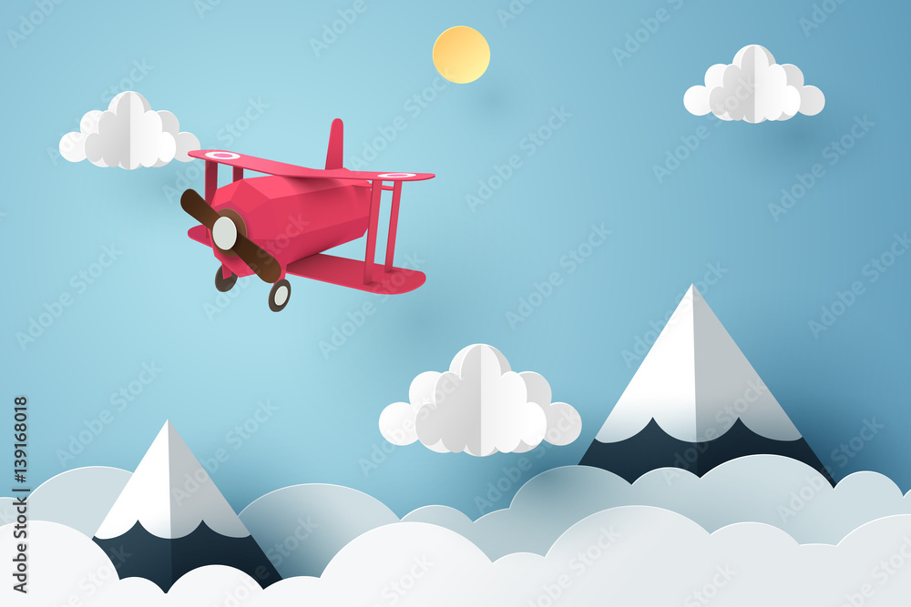 Paper art of pink plane flying in the sky, origami and travel day concept - obrazy, fototapety, plakaty 