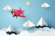 Paper art of pink plane flying in the sky, origami and travel day concept