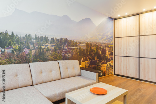 The interior of the living room in orange tones with sofa