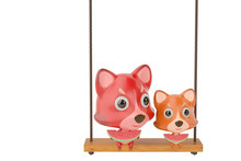 A Cartoon Fox And Son Eating A Watermelon On The Swing,3D Illustration.