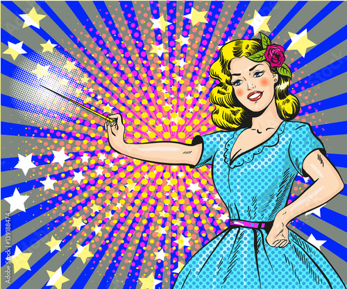 kobieta-pop-art-na-kolorowym-tle-z-gwiazdami