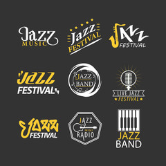 Wall Mural - Jazz festival logos set isolated on black background.