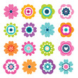Set of flat flower icons in silhouette isolated on white. Cute retro illustrations in bright colors for stickers, labels, tags, scrapbooking.