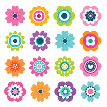 Set Of Flat Flower Icons In Silhouette Isolated On White. Cute Retro Illustrations In Bright Colors For Stickers, Labels, Tags, Scrapbooking.
