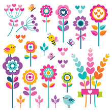Vector Set Of Retro Style Flowers, Butterflies, Birds And Hearts In Bright, Pretty Colors For Girls. Cute Spring Garden And Nature Elements Isolated On White For Greeting Cards, Easter, Mothers Day.