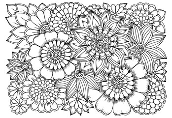 Wall Mural - Doodle floral pattern in black and white. Page for coloring book