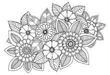 Black And White Flower Pattern For Coloring. Doodle Floral Drawing. Art Therapy Coloring Page. Relaxing For All Ages. For Adults And Kids