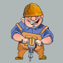 Cartoon Happy Man In Helmet And Working Clothes With A Pneumatic Compressor