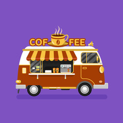 Wall Mural - Flat design vector illustration of coffee van. Mobile retro vintage shop truck icon with signboard with big hot cup of coffee. Side view, isolated. Hot drinks on wheels concept.