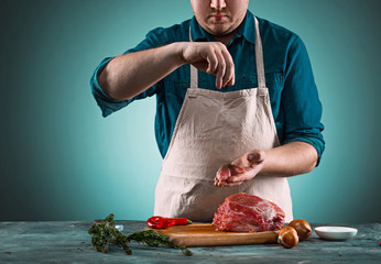 Sticker - Butcher cutting pork meat on kitchen