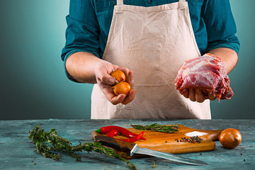 Sticker - Butcher with pork meat on kitchen