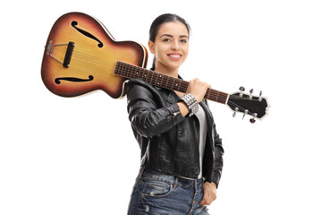 Wall Mural - Joyful rock girl with a guitar