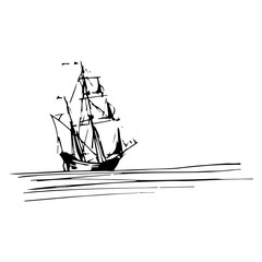 Sailing ship in the ocean in ink line style. Hand sketched schooner or sloop. Marine theme design.