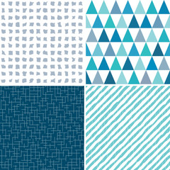 Set of seamless geometric masculine patterns in aqua, gray and blue with grunge textured overlay. Includes triangles, stripes and checks, for gift wrapping paper, wallpapers and surface textures.