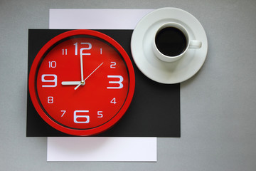 Coffee at nine 2. Modern composition with clock and cup of coffee