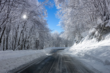 Road through amazing snowy scenery in Vigla, Florina, Greece 