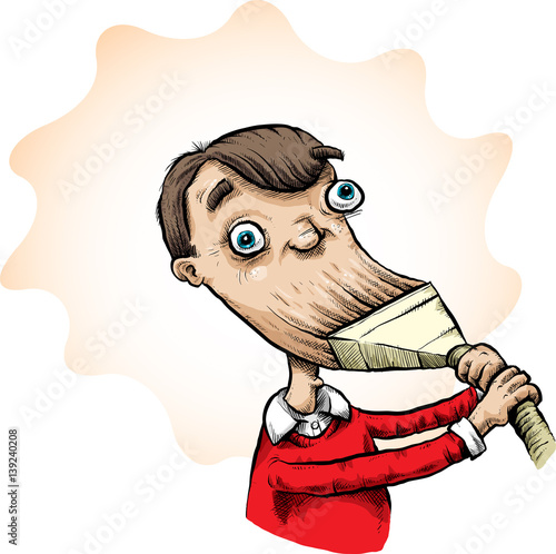 the nozzle of a vacuum cleaner stuck to A cartoon man is using a vacuum cleaner