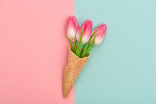 Tulip Flowers Ice Cream Waffle Cone Flat Lay Minimal Concept
