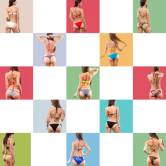 Wall Mural - Collection of women on colored backgrounds in bikini. Summer advertismenet.