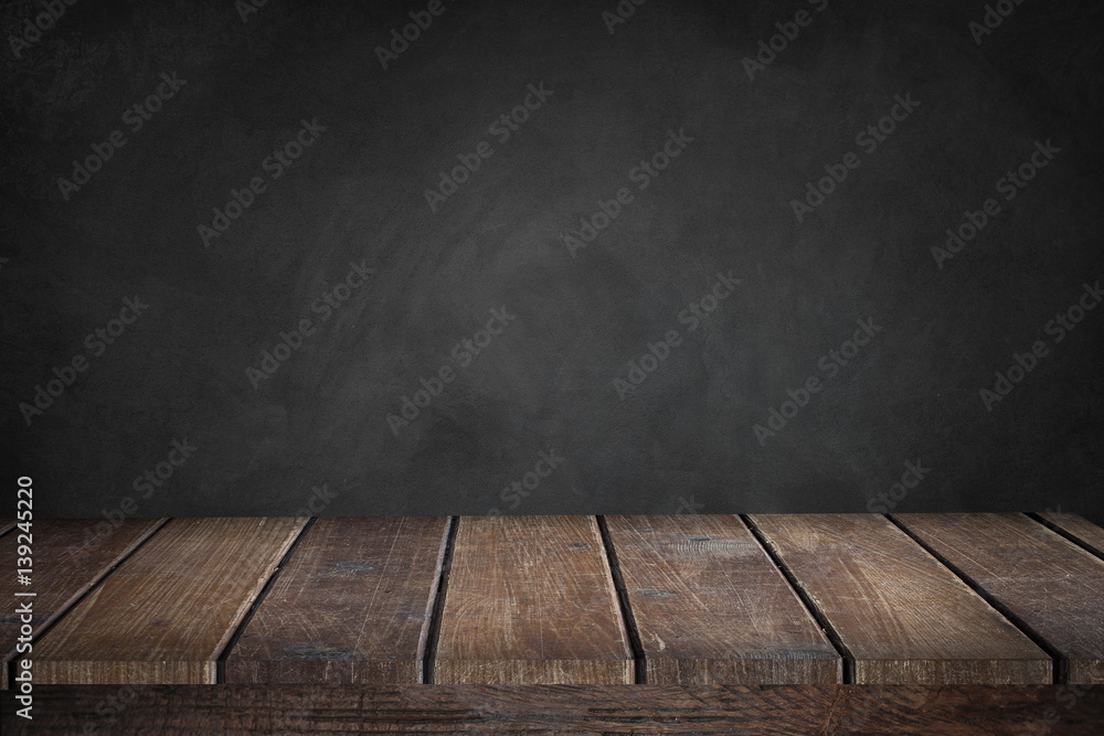 Black Background with wooden table - obrazy, fototapety, plakaty 