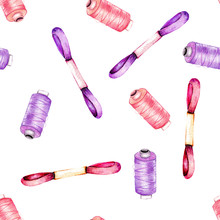 Seamless Pattern With Watercolor Pink And Purple Spools Of Thread And Floss, Hand Drawn Isolated On A White Background