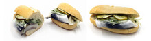 Bismarck-Hering-Brötchen, Fischbrötchen - Hälften Und Ganz - FdH, Diät, Friss Die Hälfte - Freigestellt (weißer Hintergrund) 