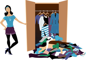 Wall Mural - Dissapointed woman looking at her wardrobe, pile of clothes falling out of it, EPS 8 vector illustration