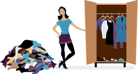 Wall Mural - Woman creating a minimalist wardrobe, purging unnecessary clothes, EPS 8 vector illustration