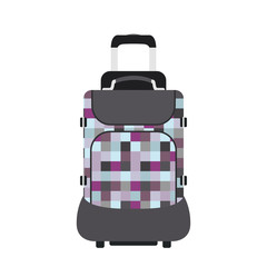 Poster - Travel tourism fashion baggage or luggage vacation handle leather big packing briefcase and voyage destination case bag on wheels vector illustration.