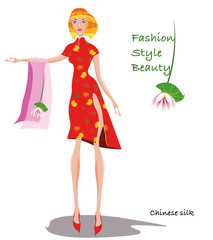 vector illustration with a beautiful young blond fashion woman in a silk red chinese style dress
