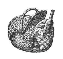 Vintage Wicker Picnic Hamper Or Basket With Food Such As Bottle Of Wine, Cheese, Bunch Grapes, Loaf. Sketch Vector Illustration