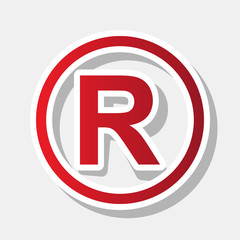 Registered Trademark sign. Vector. New year reddish icon with outside stroke and gray shadow on light gray background.