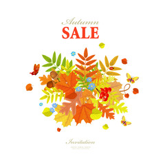 Autumn greeting card with colorful fall leaves and butterflies f