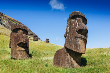 Moai statues in the Rano Raraku Volcano in Easter Island, Rapa Nui National Park, Chile