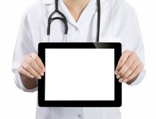 Female Doctor Hands Holding Tablet PcHand Holding Tablet Pc Isolated On White Background With Blank Screen.