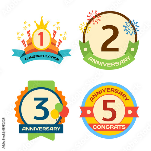 Birthday badge banner design flat set celebration emblem anniversary card dat...