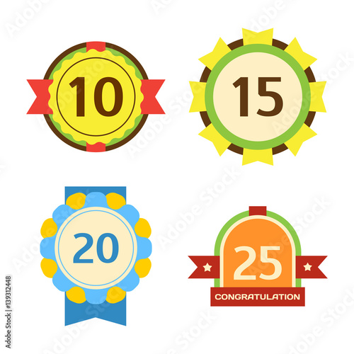 Birthday badge banner design flat set celebration emblem anniversary card dat...