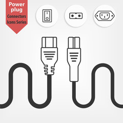 PC power cord: 3-pin, 2-pin line interface icon isolated on white background. sockets and button flat icons