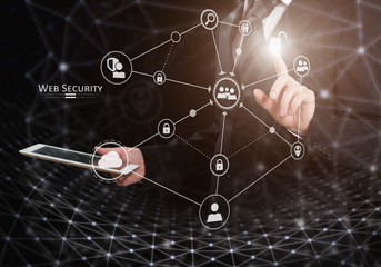Wall Mural - male hand touching virtual dispaly controls. web security concept. mixed media