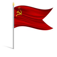 Sticker - The national flag of USSR on a pole. The wavy fabric. The sign and symbol of the country. Realistic vector.