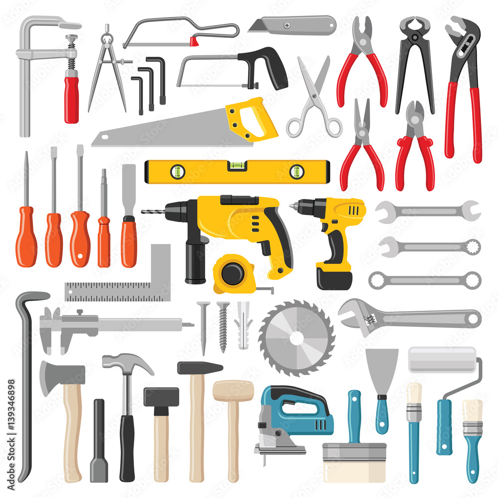Construction tool collection - vector color illustration - obrazy, fototapety, plakaty 
