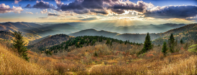 Scenic sunset over Smoky Mountains from the Blue Ridge Parkway in North Carolina