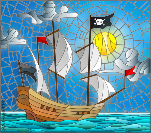 Naklejka dekoracyjna Illustration in stained glass style with a pirate ship in the sun, a cloudy sky and ocean