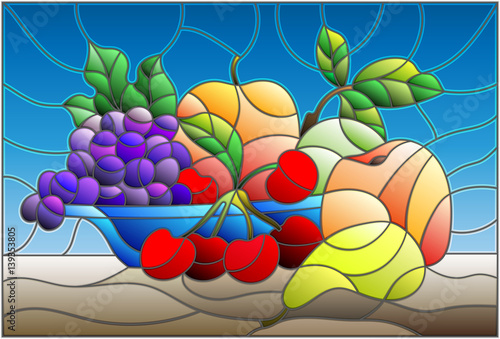 ilustracja-w-stylu-witrazu-z-martwa-natura-owoce-i-jagody-w-niebieskiej-misce